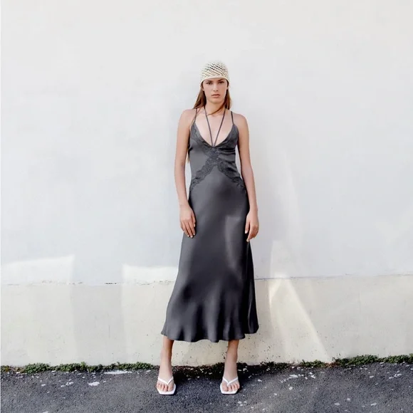 Zara | Dresses | Zara Embroidered Midi Slip Dress Charcoal